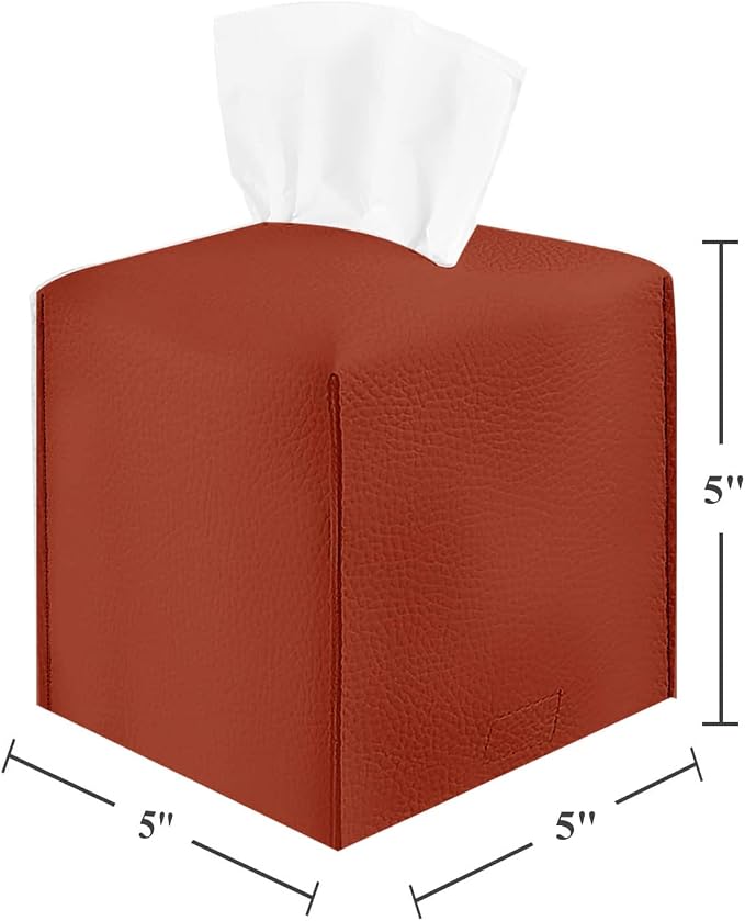 2 Pack 5"x5"x5" Square PU Leather Tissue Box Holders for Home & Office | Modern sleek design, water-resistant PU surface, fits bathroom vanity nightstand & car (Reddish Brown)