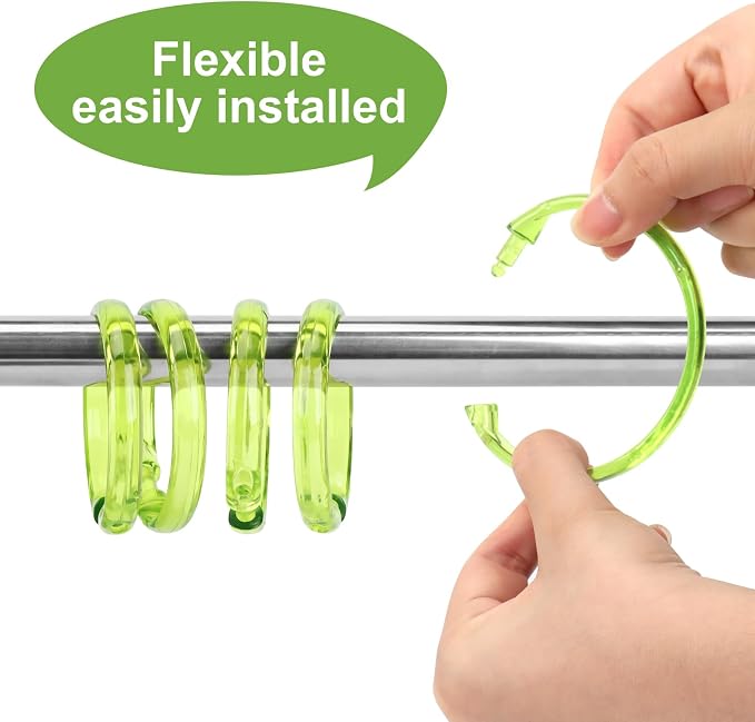 Green Shower Curtain Hooks - 12 Pcs Circular Plastic Shower Curtain Rings for Bathroom - O Shaped Transparent Green Shower Hooks Rings for Shower Curtain Rod