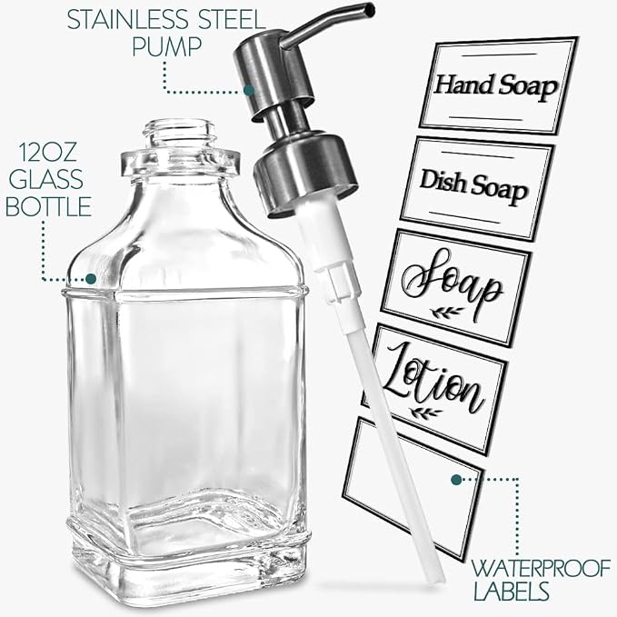 JASAI Antique Design Soap Dispenser with Rust Proof 304 Stainless Steel Pump, Refillable Glass Soap Dispenser with 10Pcs Clear Stickers, Premium Kitchen & Bathroom Soap Dispenser | Refillable Glass Soap Dispenser with 10Pcs Clear Stickers, Premium Kitc...