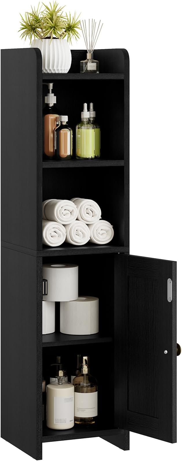 Lomojo Small Bathroom Storage Cabinet Corner, 7.87"Dx7.87"W x31.5"H (Black) | Freestanding Narrow Toilet Paper Holder, Organizers for Bathroom Small Spaces Floor Cabinet with Adjustable Shelves and Door