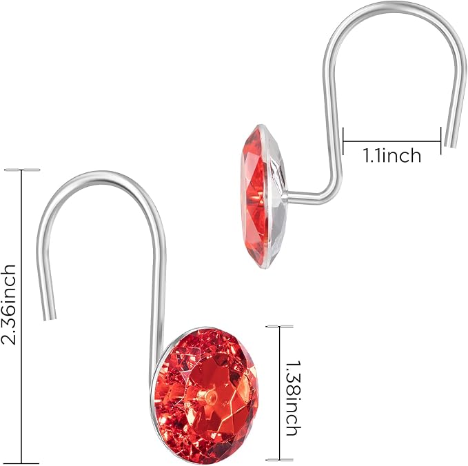 HBlife 12 Pcs Acrylic Decorative Rolling Diamond Shower Curtain Hooks Rust Proof Rhinestones Crystal Bling Shower Curtain Hooks for Curtain and Shower Rod, Red Round