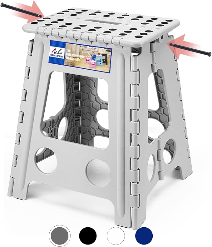 ACKO Folding Step Stool 16 Inch, 400 lbs Capacity with Safety Lock, Gray | Portable Foldable Stools with Handle, Heavy Duty Collapsible Non-Slip Foot Stool for Adults & Kids, Kitchen Bathroom Outdoor