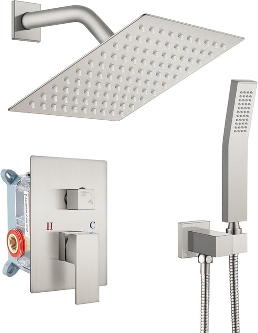 gotonovo Shower Faucet Set with Handheld Spray Brushed Nickel,8'' Head | SUS304 Rainfall Shower Head and Handle Set System Fixture,Pressure Balance Valve Trim Kit,Single Handle,Wall Mount,All Metal