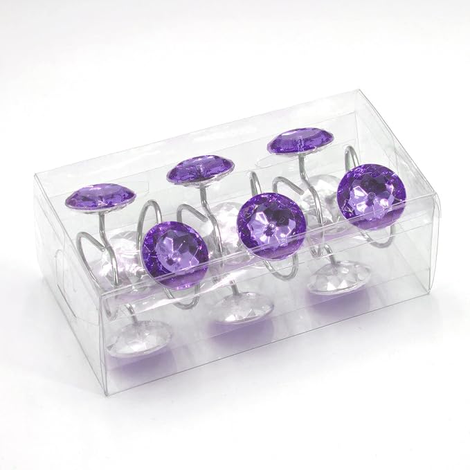 Crystal Diamond Round Shower Curtain Hooks Rings for Bathroom,Purple,12PCS | Acrylic Decorative Rhinestones Bling Shower Hooks Rings,for Bathroom Curtains Rod,Gem Metal Rust Proof Shower Hangers