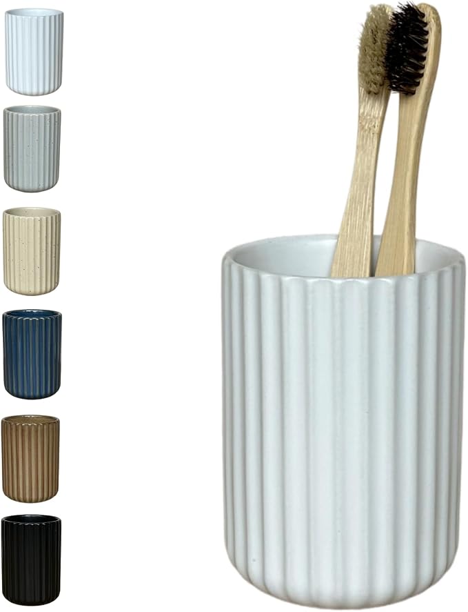 Stoneware Toothbrush Holder for Bathroom Tooth Brush Holder for Bathroom Toothbrush Cup Toothbrush Holders Cute Fluted Vertical Ribbed Stripe (Matte White)