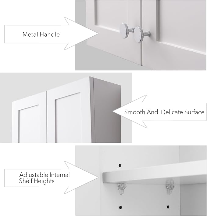 VANIRROR White Wall Mount Cabinet, MDF Over the Toilet Storage Cabinet | Medicine Cabinet with Adjustable Shelves, Space Saver 2 Door for Bathroom Laundry Kitchen,19x 27 inch