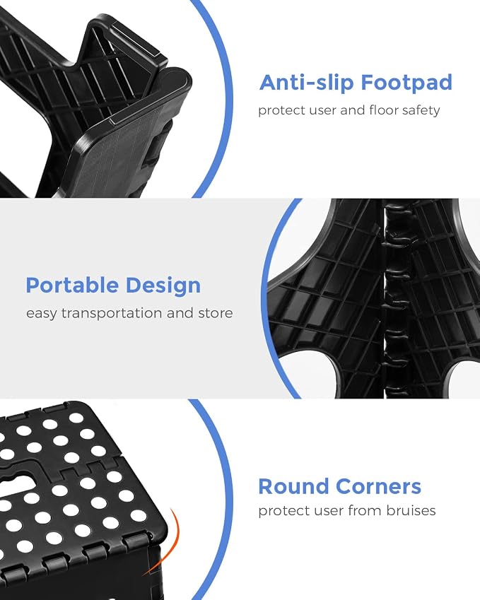 ACKO Folding Step Stools 11 Inch, 2 Pack, 300 lbs, Black | Lightweight Collapsible Stools for Adults and Kids with Handles, Non-Slip, for Kitchen, Bathroom, Bedroom and Closet