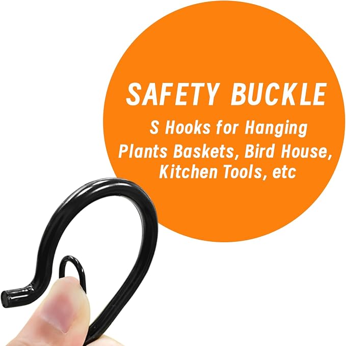12 PCS S Hooks for Hanging with Safety Buckle, Heavy Duty Metal S Hooks | 3.5 inch S Shaped Hanger Hooks for Hanging Kitchen Utensil, Cups Pots Pan Closet Plants Purse Bags Hats (Black)