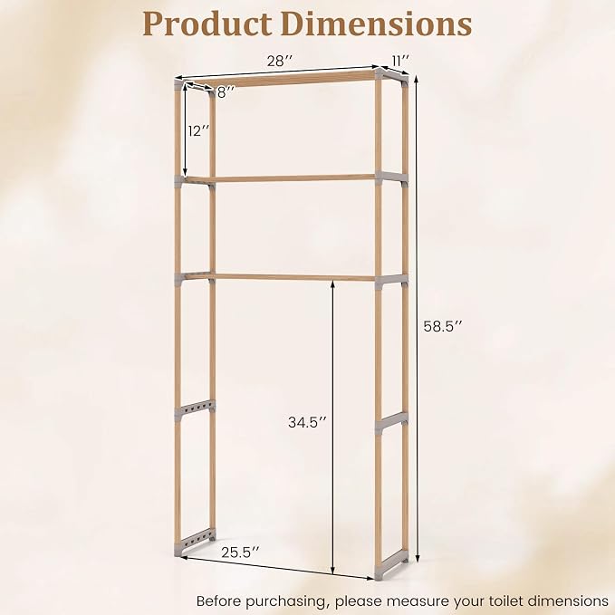 Giantex Over The Toilet Storage Shelf, 3-Tier Pine Wood Space-Saving Above Toilet Shelf Rack, Freestanding Over Toilet Bathroom Organizer for Laundry, Balcony, Restroom