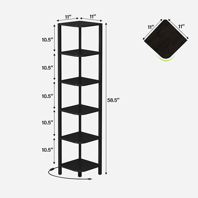 TUTOTAK Corner Shelf with LED Light, 6-Tier Corner Bookshelf | for Small Space, Narrow Display Corner Shelf Stand with Storage Rack, for Living Room, Bedroom, Black BS08BK006L