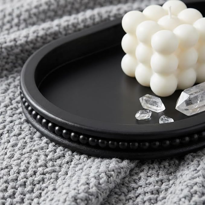 Hanobe Black Decorative Trays for Living Room Coffee Table, Beaded Edge | 15" Oval Wood Farmhouse Table Centerpiece for Kitchen Dining Entryway