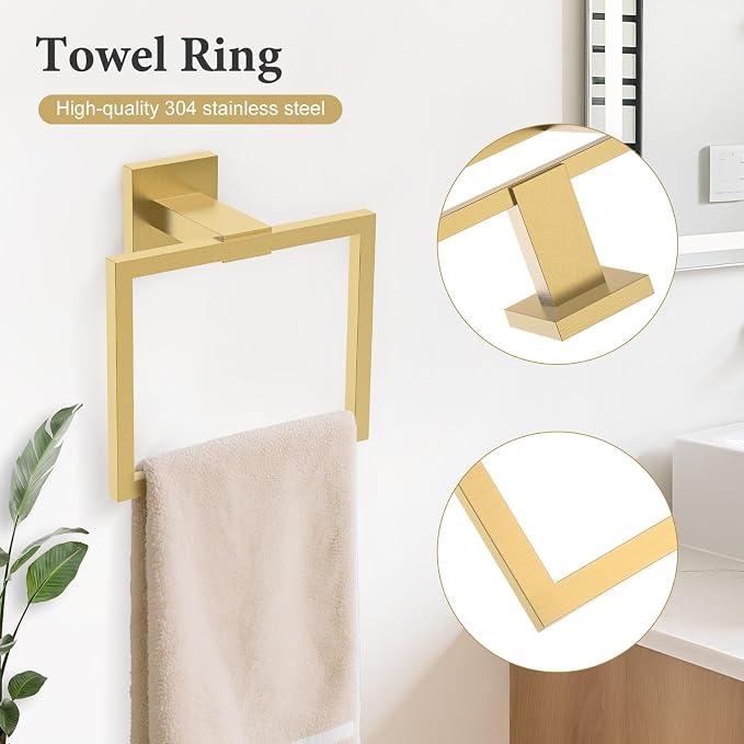 TURS 5-Piece Bathroom Hardware Set Brushed Gold Towel Bar Set Bath Towel Holder Sets SUS 304 Stainless Steel Wall Mounted Towel Rack Sets for Bathroom.