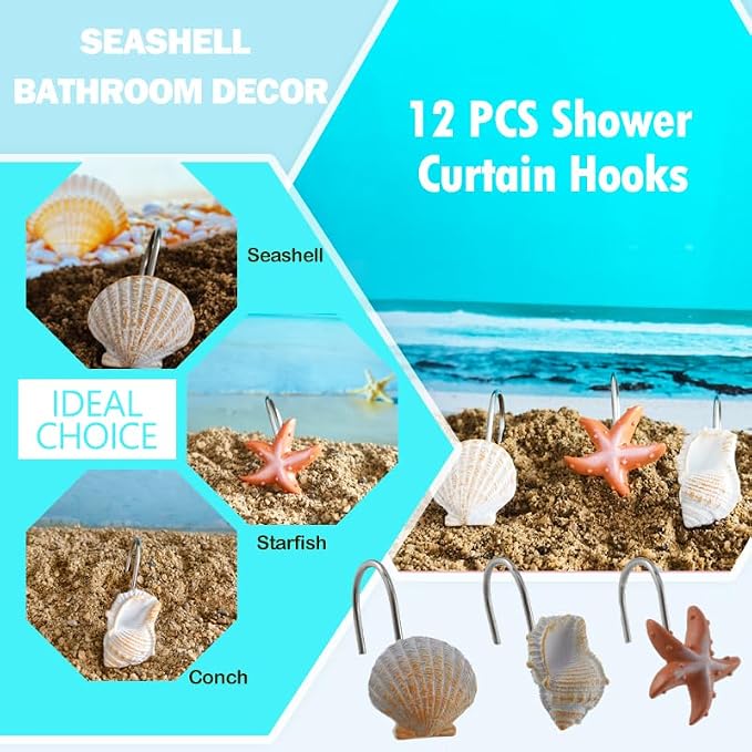 Seashell Shower Curtain Hooks 12pcs Beach Shower Curtain Rings Bath Shower Hooks Rust Proof Curtain Hangers Coastal Bathroom Accessories Decor