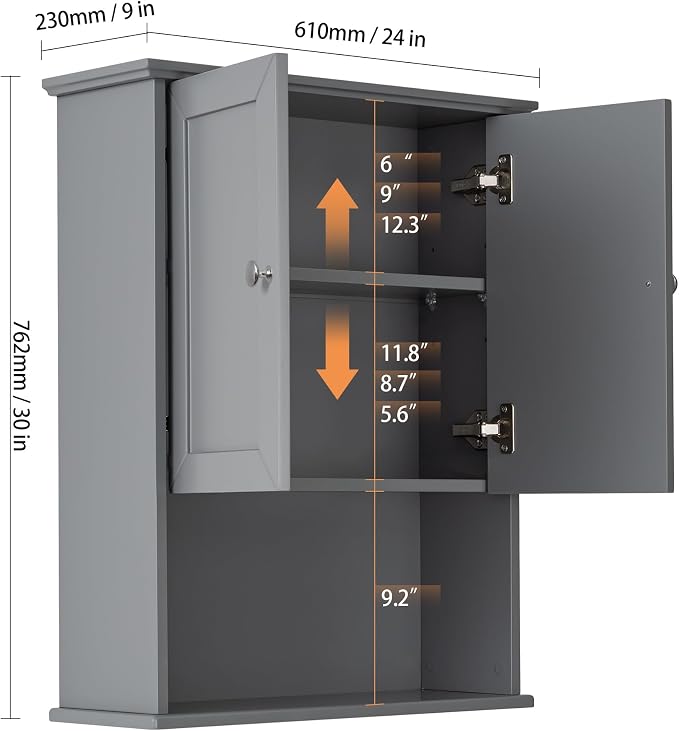 VANIRROR Wall Mounted Bathroom Cabinet 24x30 Inch Wood Over Toilet Storage | Above Toilet Medicine Cabinets with 2 Door & Adjustable Shelf for Kitchen, Laundry, Entryway,Durable MDF Construction