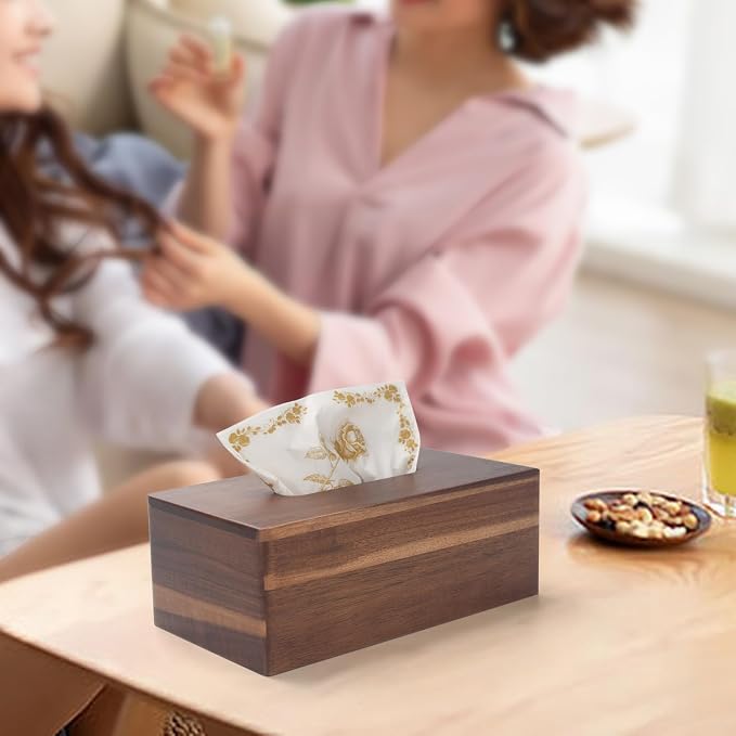 Tissue Box Cover Rectangle, Wood Tissue Box Holder, Wooden Facial Paper Holder for Bathroom, Bedroom, Dinner Table, Office (2 Pack, 9.8 x 5.5 x 3.7 inch)