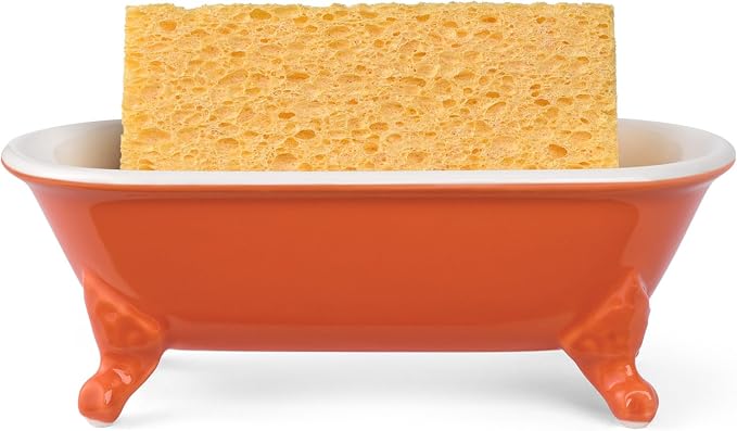 6.5" Ceramic Mini Decorative Clawfoot Bathtub Bar Soap Dish, Kitchen Sponge Holder and Shower Tray for Bathroom, 1 Pack(Dark Orange)