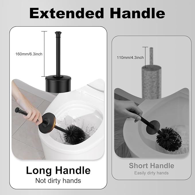 Black Toilet Brush and Holder，Extra Long Handled Toilet Brush for Bathroom，Stainless Steel Heavy Duty Toilet Bowl Brush,Removable Inner Bowl,Deep Cleaning Dense Bristles Cleaner Brush -Space Saving