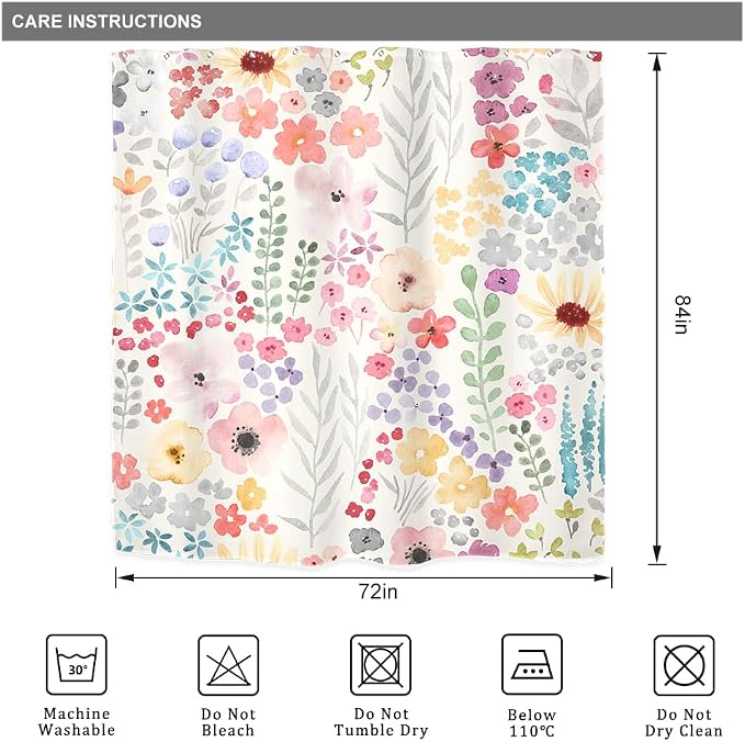 Extra Long Boho Wildflower Watercolor Plant Art Bathroom Shower Curtain Set | 72"W x 84"H Leaves Botanical; waterproof HD print, quick-dry fabric with 12 hooks for easy hanging.