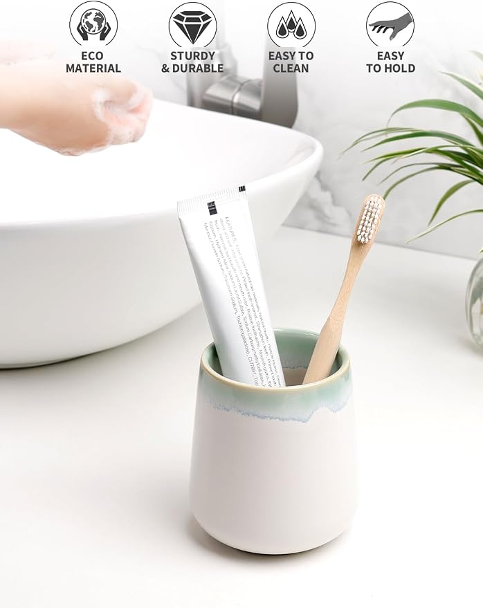 BosilunLife Bathroom Toothbrush Holder - Ceramic Toothbrush Cup Holder 13Oz White and Blue-Green Toothbrush Holder for Bathroom Toothbrush Toothpaste Holder for Bathroom Vanity Countertop Home