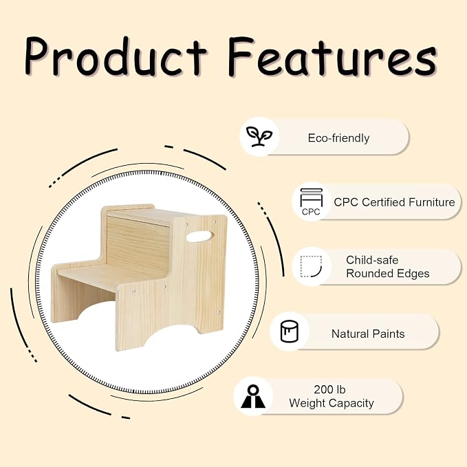 Toddler Step Stool for Kids, Wooden Two Step Children's Stool with Handles, Bonus Non-Slip Pads for Safety, Bathroom Potty Stool & Kitchen Step Stools Dual Height