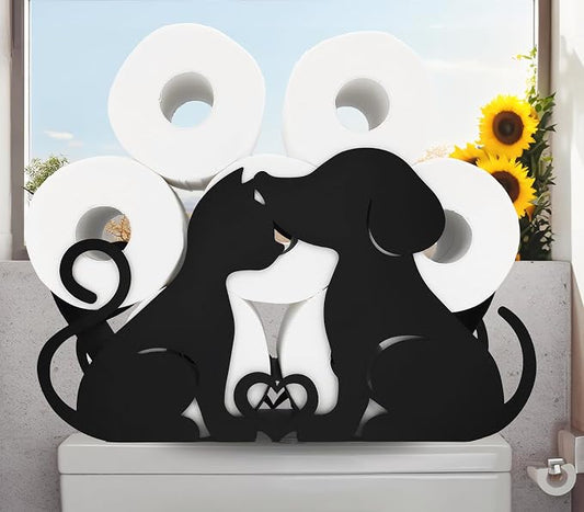 Lover Dog Black Metal Paper Holder, Decorative FreeStanding Toilet Paper Organizer for Bathrooms, Holds Extra 8 Rolls
