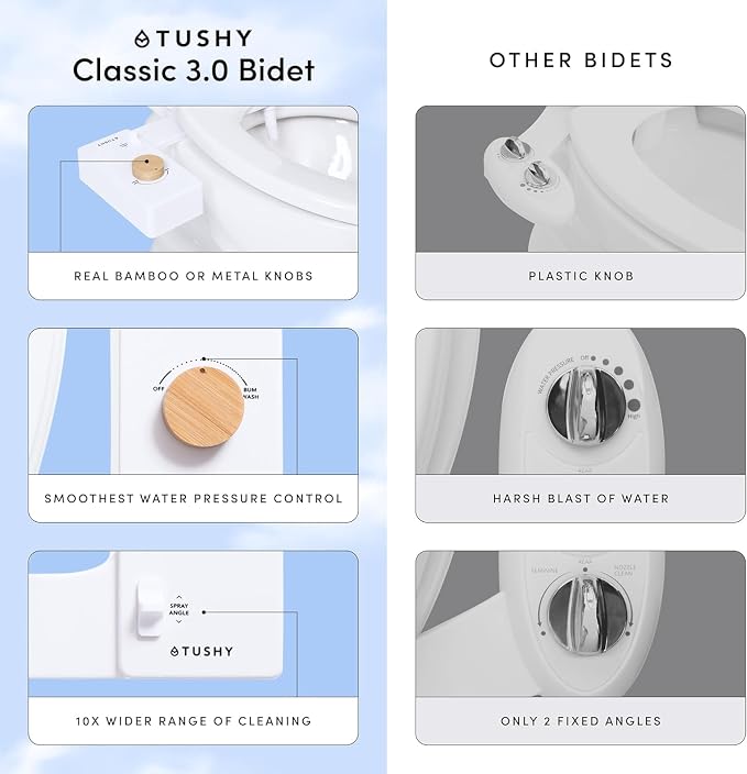 TUSHY Classic 3.0 Bidet Toilet Seat Attachment, Biscuit/Bamboo | Non-Electric, Self Cleaning Water Sprayer, Adjustable Pressure Nozzle, Angle Control, Easy Home Installation