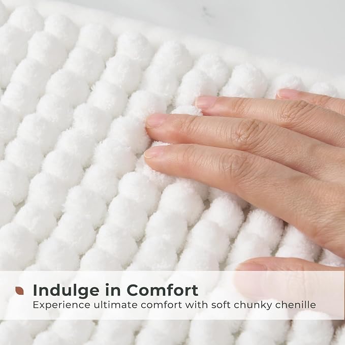 FRESHMINT Thick Chunky Chenille Bathroom Rug, Bright White, 24"x36" | Non-Slip Backing, Water Absorbent Surface, Machine Washable Care, Cushioned Comfort, Bathroom Floor Use