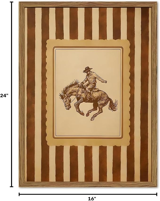 Vintage Western Cowboy Wall Art Stripe Bronco Rider Rodeo Wall Decor Painting, Southwestern Rustic Horse Poster Canvas Print Picture for Living Room Bedroom 16x24 inch Wood Framed