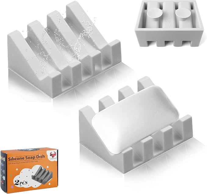 Soap Dish Holder for Shower with Suction Cup, Silicone Soap Holder & Saver Self-Draining Bar Soap Dish Keeps Soap Dry for Bathroom, Kitchen, Bathtub, Extends Soap Life (LightGrey-2Pack)