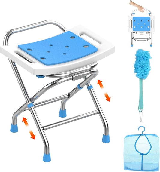 Height Adjustable Folding Shower Chair Seat, Stainless Steel Shower Chair for Inside Shower w/Crossbar, 420LB Portable Travel Shower Stool, Safety Anti-Slip Bath Chair for Seniors,White