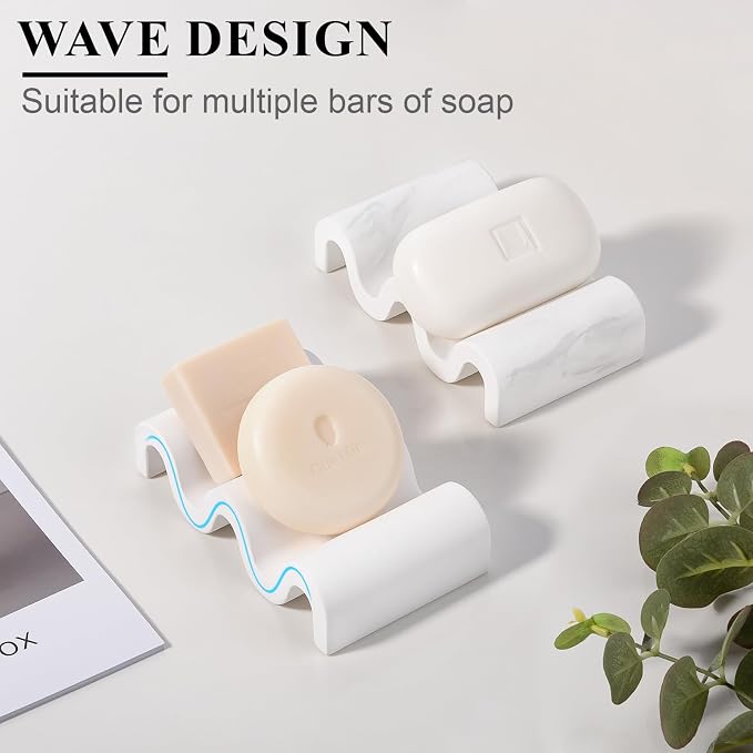 Diatomite Soap Dish Bar Soap Holder Wave Texture Sponge Tray, White | Quick Drying, Self Draining Design Helps Keep Bar Soap Dry for Bathroom Sink, Shower & Kitchen