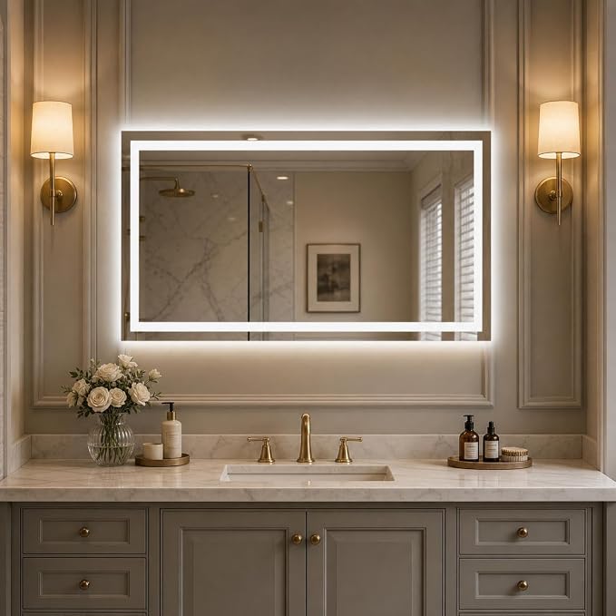 Large LED Bathroom Mirror 60x36 Inch - Frontlit & Backlit Frameless Wall Vanity Mirror with Stepless Dimming, Adjustable Color Temp, Anti-Fog Defogger, Smart Memory & 3X Suction Mirror, Sha