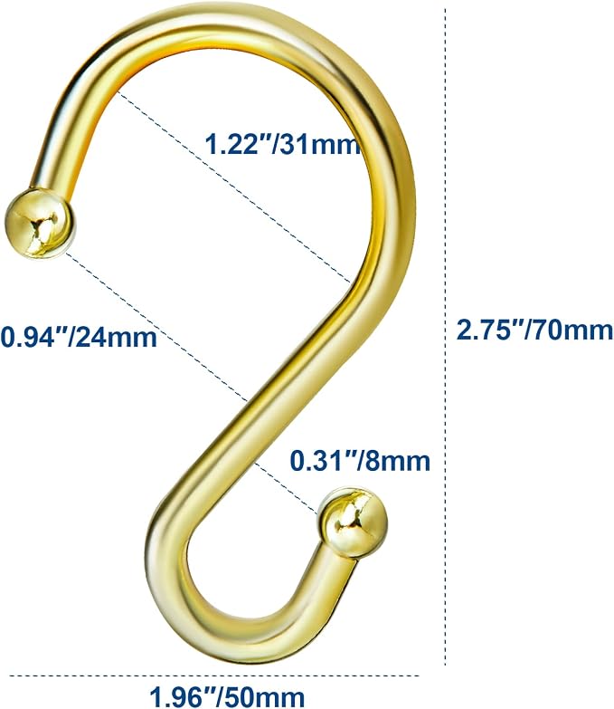 TOPROD S Shaped Shower Curtain Hooks Rings Shower Curtain Hangers S Hooks | Gold,Stainless Steel,Rust Proof,Durable,Free Gliding,Kitchen, Wardrobe,Set of 12