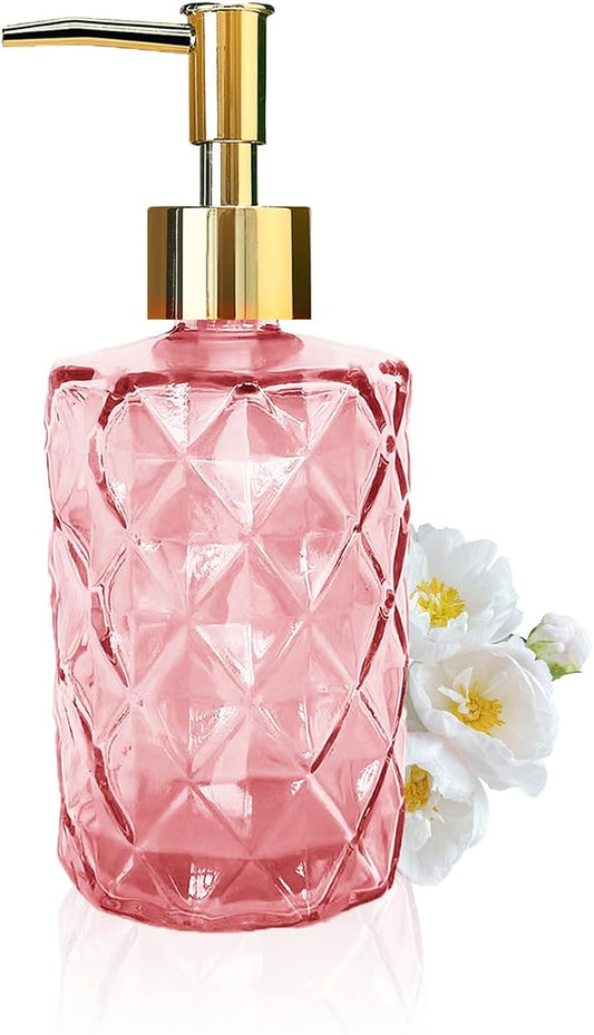 Glass Soap Dispenser with Gold Pump, Bathroom Soap Dispenser, 330ml Hand Foam Lotion Dispenser, Refillable Liquid Soap Bottle for Kitchen, Hand Sanitizer, Lotion (Pink)