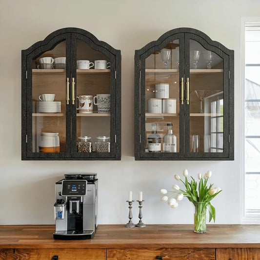 FIMELLO 47.2’’W Wave Design Arched Wall Cabinet, Bathroom Cabinet with Glass Doors Adjustable Shelf, Above Toilet Cabinet, Kitchen Wall Cabinet, Wall Bookshelf, Black Grain