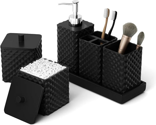 Bathroom Accessories Set Resin 6PCS, Square Toothbrush Holders Set Complete with Soap Dispenser, Vanity Tray, Tumbler, Cups and Cotton Swab Jars (Black Diamond, Resin Bath 6 PCS)