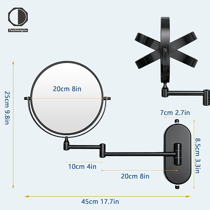 8“ Suction Cup Makeup Mirror Wall Mounted No Drilling, 1X/10X Magnifying Mirror Wall Mounted Makeup Mirror Swing Arm 360° Rotation, Wall Mount Powerful Suction Cup for Bathroom & Shaving Black