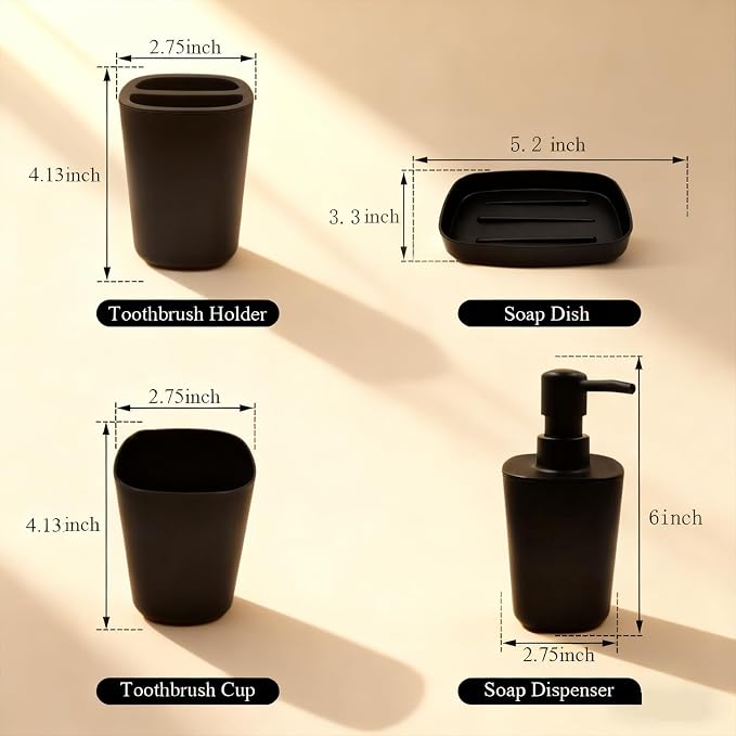LGURT Matte Black Bath Accessories Set — 4-Pc Dispenser, Holder & Cup | Compact 4-piece matte black bath set. 10oz dispenser, toothbrush holder, cup & dish. Countertop-friendly. Budget-friendly.