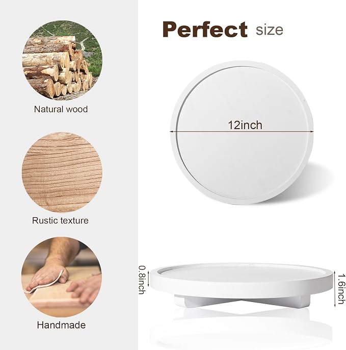 Round Decorative Tray Farmhouse Kitchen Decor Soap Dish, 12" White | Waterproof, Lightweight, Easy Clean, Wood Riser Pedestal Stand Accessories for Office Desk, Vanity, Counter, Sink