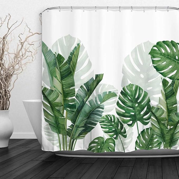 Baccessor Tropical Green Plant Shower Curtain Waterproof Washable Fabric Summer Bathroom Decor Botanical Banana Monstera Leaf Palm Tree Shower Curtain with Hooks 60 W x 72 L Inch