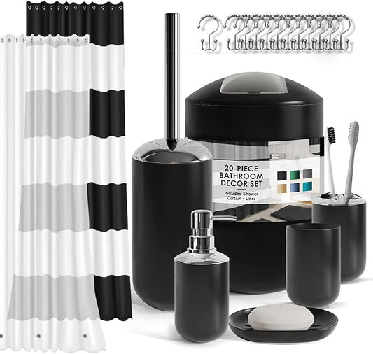 Clara Clark Bathroom Set - Black Bathroom Accessories Set, 20PC Bathroom Accessory Set, Shower Curtain Set, Soap Dispenser, Toilet Brush, & Trash Can