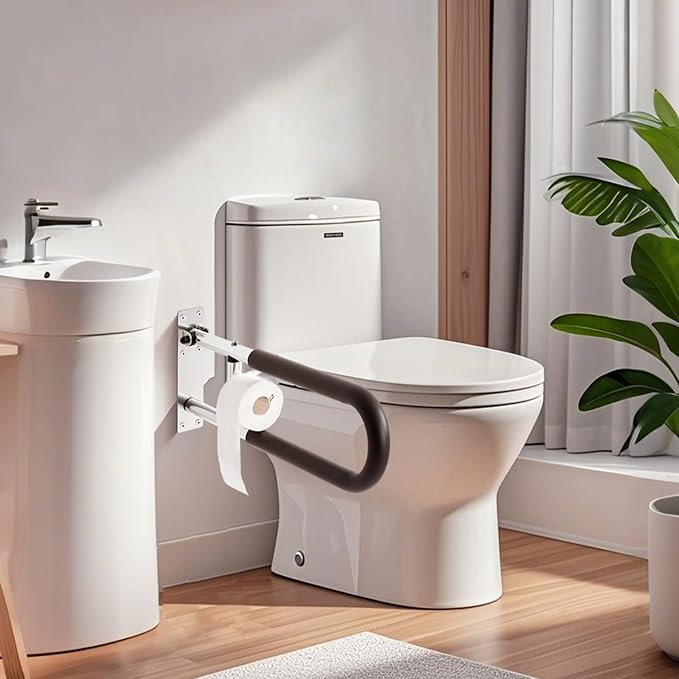 VEVOR Toilet Safety Rail, 30 Inch U-Shaped Handicap Grab Bar, Foldable Senior Safety Pole, Flip Up Toilet Grab Bars with Anti-Slip Handle, 300 Lbs Load Capacity Security Handrail with Paper Holder