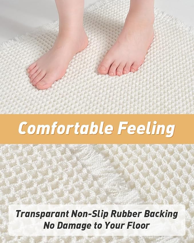 AMOAMI Upgraded Waffle Bath Mat, Super Absorbent Non Slip Bath Mats for Bathroom Floor, Machine Washable Boho Bathroom Rugs with Tassels, Rubber Backed Bathroom Mats, Ultra Soft, 18" x 30"