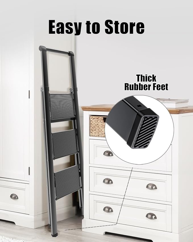 3 Step Ladder, Folding Step Stool, Lightweight Stepladder, Black | Anti-Slip 7.9'' Wide Pedal;Portable Handrail;Space-Saving;For Kitchen, Home, Library, Office Use;300lbs Capacity