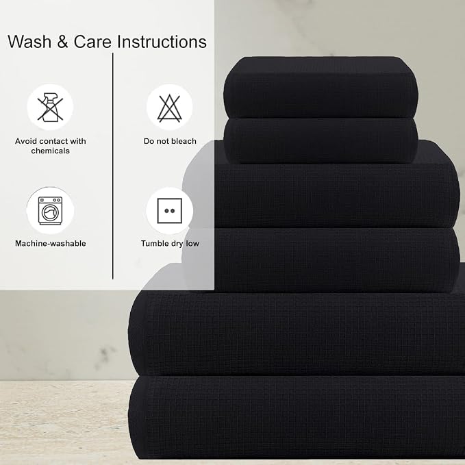 CASA COPENHAGEN Waffle 6Pcs 100% Egyptian Cotton Large Designer Towels Gift Set- Black, 2Bath 2Hand 2Washcloths, Bath Towels for Bathroom (Box Pack, Set for Women & Men)