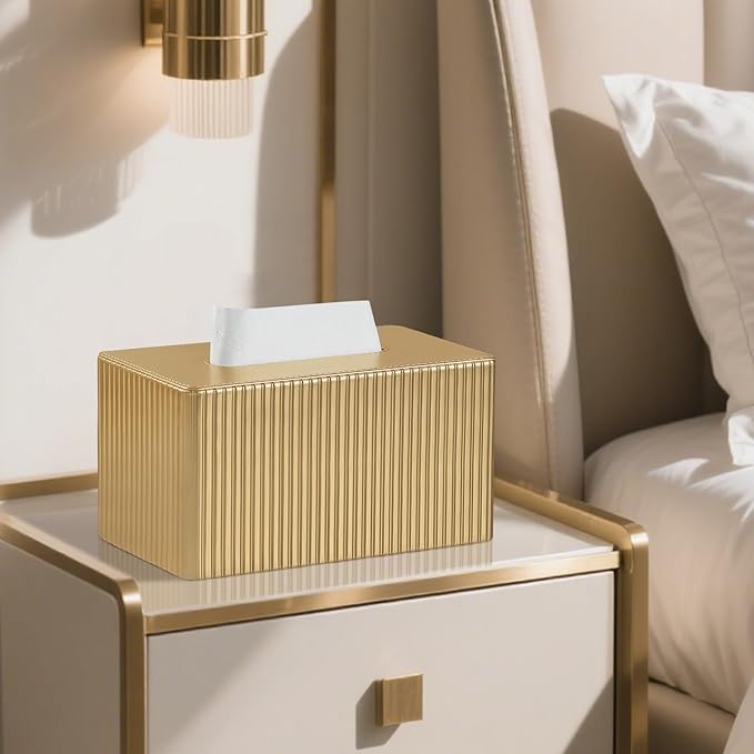 PU Leather Tissue Box Cover Rectangle, Tissue Box Holder Gold | Inner Height 4.7 Inches, Fits 180/230 Count Tissue Boxes, Non Slip Base, Rectangular Tissue Cover for Bathroom Nightstand