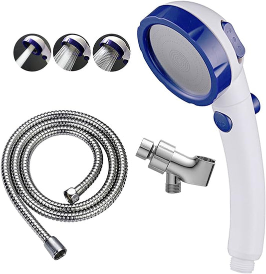 High Pressure Handheld Shower Head with ON/OFF Pause Switch | 3 Spray Modes Shower Wand with Shut Off Button, Camper & RV Showerhead with Hose & Angle Adjustable Bracket, White & Blue