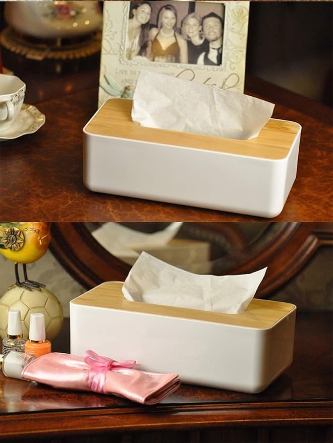 Pojah Wooden Rectangular Tissue Box Holder for Storage on Bathroom Vanity, Countertop, Bedroom Dresser (Medium, 10.2x5.1x3.3 inch)