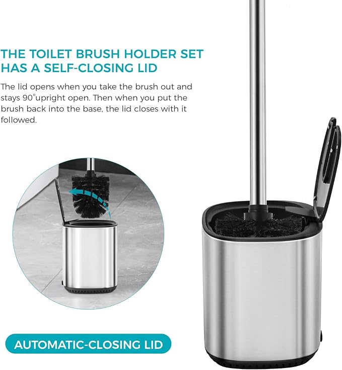 Toilet Brush Holder Set Toilet Bowl Brush Stainless Steel Automatic Open lid Toilet Bowl Cleaner Brush with Durable Bristle Head Toilet Cleaning Brush for Bathroom