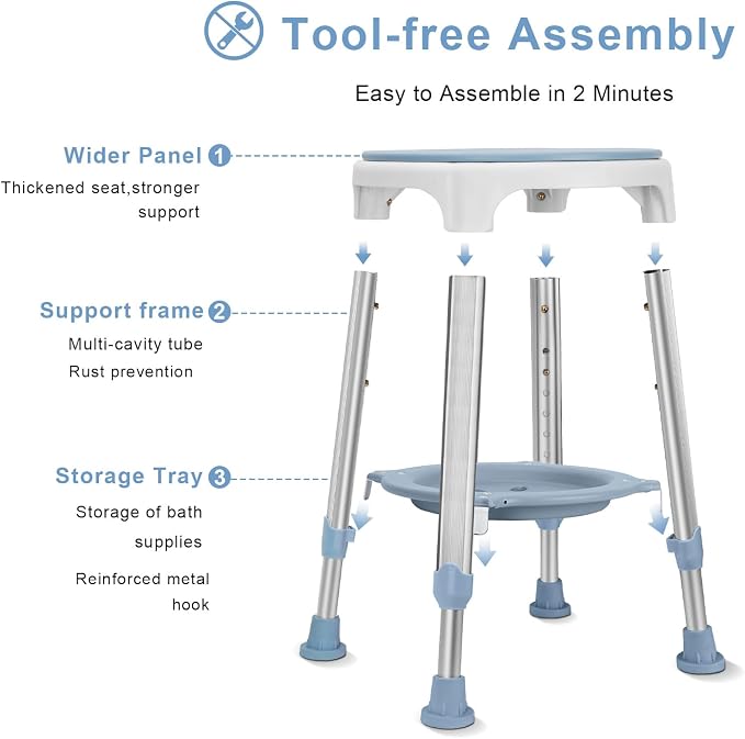 Shower Chair for Inside Shower, Tool-Free Assembly Swivel Shower Stool with Storage Tray, Adjustable Tub Chair and Bathroom Stool for Seniors, Elderly, Handicap & Disabled, FSA/HSA Eligible